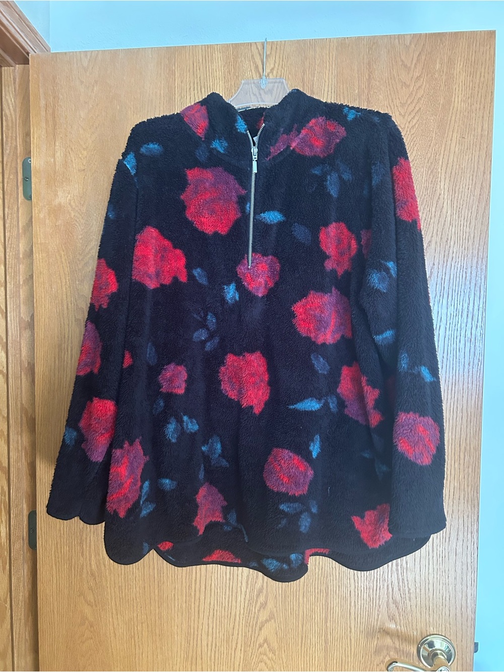 Livi Active Black Fuzzy Hoodie with Red Floral Print
